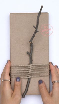 two hands holding a wrapped gift with a twig sticking out of it