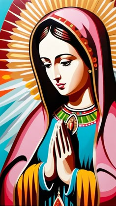 a painting of the virgin mary holding her hands together in front of a colorful background