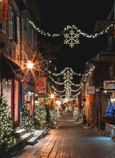 a city street is decorated with christmas lights and snowflakes as well as decorations