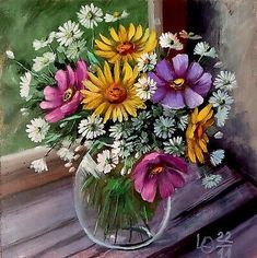 a painting of flowers in a glass vase on a window sill by a door