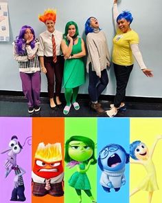 four people standing in front of a wall with cartoon characters painted on it and the caption's above them