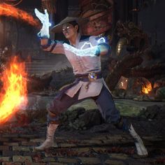 the video game's avatar appears to be in action, with flames coming from his hands