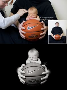 a man and woman holding a baby in front of a basketball