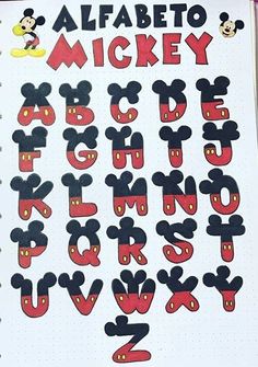 an open notebook with mickey mouse letters and numbers