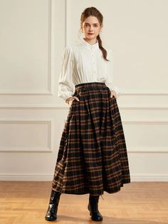 Women Plaided Buckle up Flared Swing Maxi Skirt Big Promotion, Maxi Skirt, Promotion, Buckle, Skirt