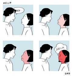 a comic strip with people talking to each other and the words help written above them