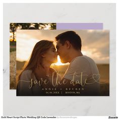 save the date card with an image of two people kissing in front of a sunset