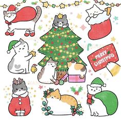 a christmas card with cats around a tree and presents on it, all in different colors