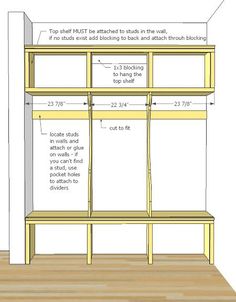 an unfinished bookcase is shown with measurements for the shelves