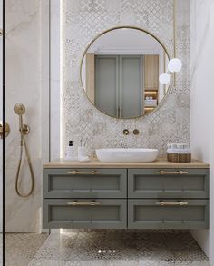 a bathroom with a sink, mirror and shower