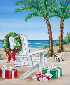 a painting of a white rocking chair on the beach with christmas presents under palm trees