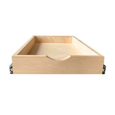 a wooden box with wheels on the bottom and an open drawer in the top section