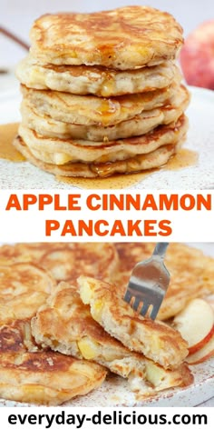 pancakes stacked on top of each other with the words apple cinnamon pancakes in front of them