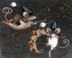 two mouses with witches hats on their heads