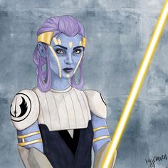 a painting of a woman with purple hair holding a yellow light saber in her hand