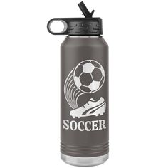 a black water bottle with a soccer ball on the top and words that read soccer