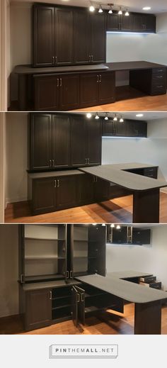 three pictures of different types of cabinets in an empty room