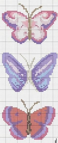 three cross stitch butterflies on a white background with pink, blue and purple colors in the middle