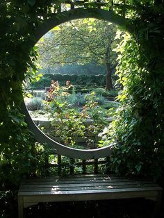 a wooden bench sitting in the middle of a lush green park