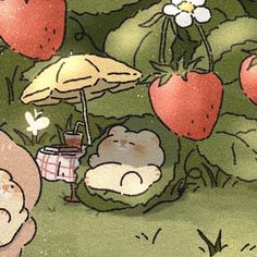 an image of some strawberries and bears in the grass