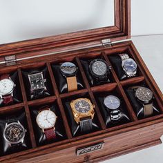 Display your timepieces in style with our unique Watch Box with drawer No.10. This reclaimed wooden box features ten compartments to store and organize up to 10 watches and a personalization option to add a unique touch. We can customize the slim drawer to store watch straps, pockets, knives, or any slim accessories. Box Joints, Glass Engraving, Watches Unique, Drawer Slides, Box Storage, Watch Straps, Wooden Tops, Watch Box, Storage Case