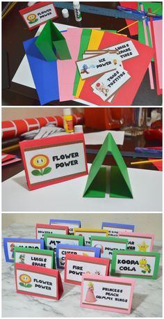 several pictures of different colored papers on top of each other, with the words flower power written