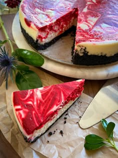 two slices of cheesecake with red and white toppings