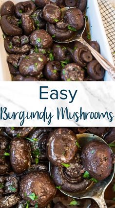 two pictures with spoons full of mushrooms and the words easy brunch mushroom recipe