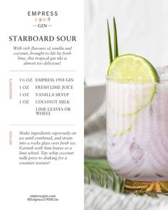 an advertisement for the starboard sour cocktail, with lime and ginger syrup in it