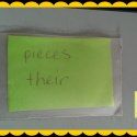 a piece of green paper with the words pees there written on it in black and yellow