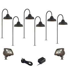 six outdoor lighting fixtures with one light on each side and the other in different positions