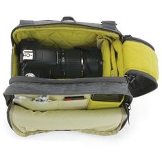 a camera bag is open and ready to be used