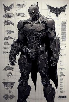 the concept art for batman's costume is shown in black and white, with lots of details