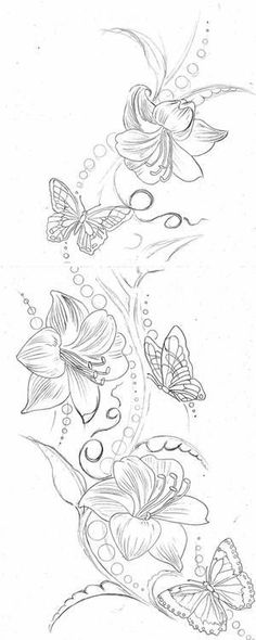 some flowers and butterflies on a white background