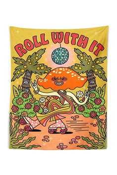 Roll With It Hippie Wall Tapestry Home Cartoon, Flower Tapestry, Hippie Tapestry, Hippie Flowers, Hanging Flower Wall, Rainbow Flowers, Dorm Decor, Retro 70s, Hanging Tapestry