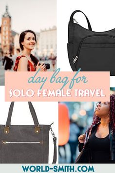 a collage of photos with the words'day bag for solo female travel '