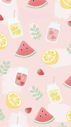 watermelon, lemon and strawberries on pink background