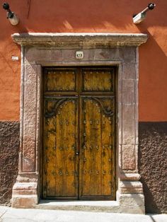 an old wooden door with two birds sitting on it's ledge next to a building