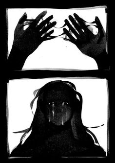 two black and white images of hands holding something in front of their faces, with the image of a woman's face partially obscured by her hands