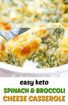 spinach and broccoli cheese casserole in a white dish with a spoon