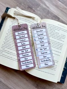 two bookmarks sitting on top of an open book