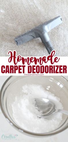 homemade carpet deodorizer in a glass bowl with the words homemade carpet deodorizer above it