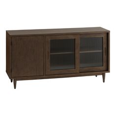 a wooden cabinet with glass doors on the front and side panels in dark brown wood