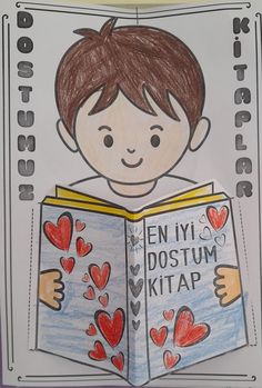 a child's drawing of a boy reading a book with hearts drawn on it