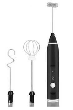 an electric toothbrush and whisk attachment are shown in three different positions, one black and one white