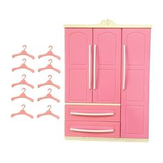 a set of pink plastic clothes hangers next to each other