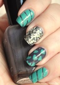 #Torqouise#Grey#Strips#Sparkle#Hearts <3 Turquoise Nail Designs, Beautiful Sites, Nails Desing, 3d Nail Art, Cute Nail Designs, Fancy Nails