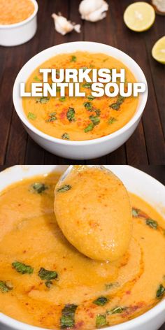 two bowls filled with soup on top of a wooden table next to sliced lemons