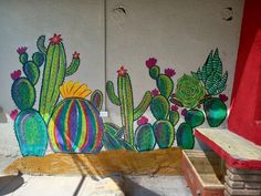 Dibujo en pared a mano Yard Mural, Mexican Murals, Cactus Mural, Shop Mural, Southwest Aesthetic, School Murals, Mexican Home Decor, Cactus Painting, Mural Ideas