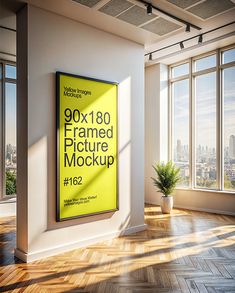 an empty room with large windows and a poster on the wall that says 90x16 framed picture mockup